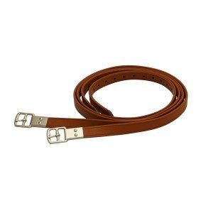 Brown stirrup leathers for horse riding with stainless steel buckles.