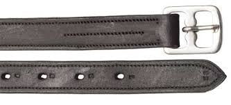 Black stirrup leathers for horse riding with silver buckle.