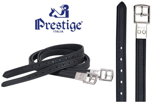 Prestige Italia brand black stirrup leathers with silver buckles.