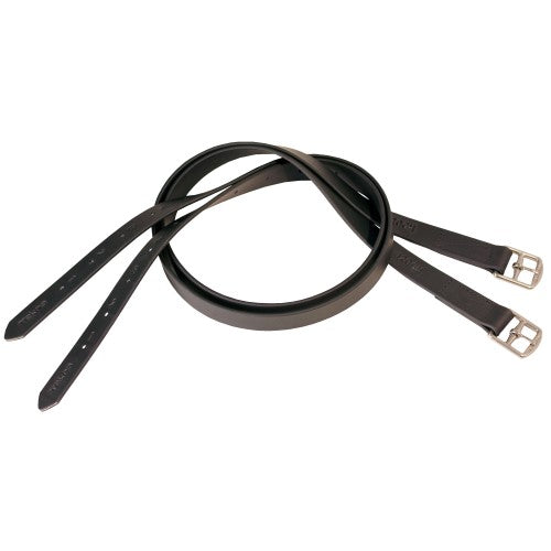 Black leather stirrup leathers with metallic buckles on white background.