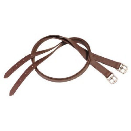 Brown stirrup leathers for horse riding with silver buckles.