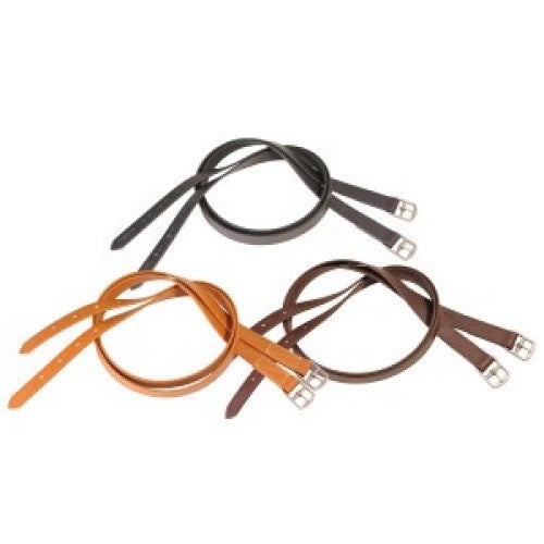Three pairs of equestrian stirrup leathers in different colors.