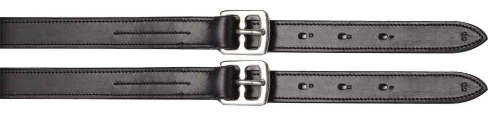 Two black equestrian stirrup leathers with silver buckles isolated on white.