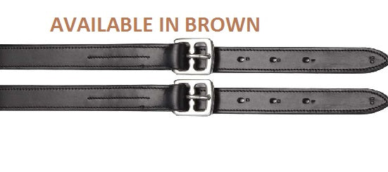 Two black stirrup leathers with metal buckles, available in brown.