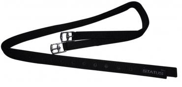 Black Status brand stirrup leathers for horse riding equipment.