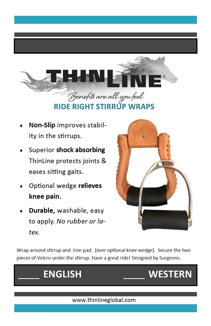 ThinLine Ride Right horse riding stirrups wraps advertisement with product image.