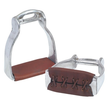 Two metal stirrup leathers with brown leather foot pads.