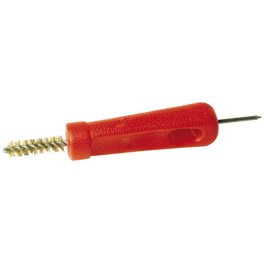 Red handle gun cleaning brush with metal bristle end isolated.