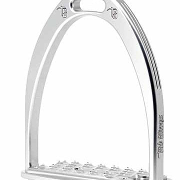 Silver-colored stainless steel stirrup leathers with spiked tread for grip.