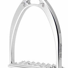 Silver-colored stainless steel stirrup leathers with spiked tread for grip.