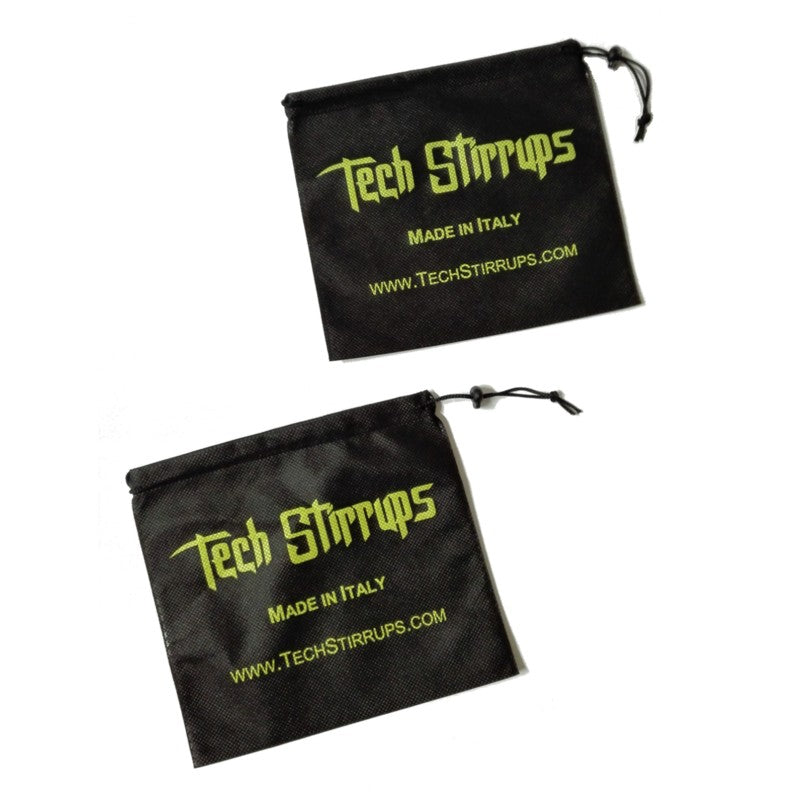 Two black drawstring bags with "Tech Stirrups" branding for stirrup leathers.