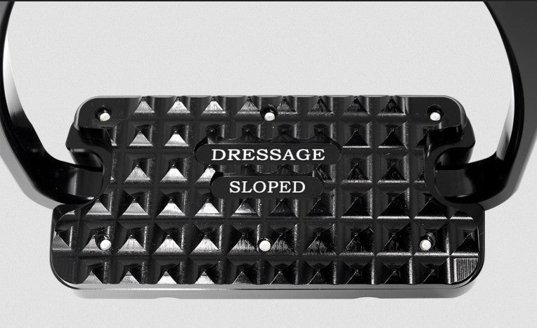 Alt text: "Black dressage sloped stirrup leathers for equestrian use."