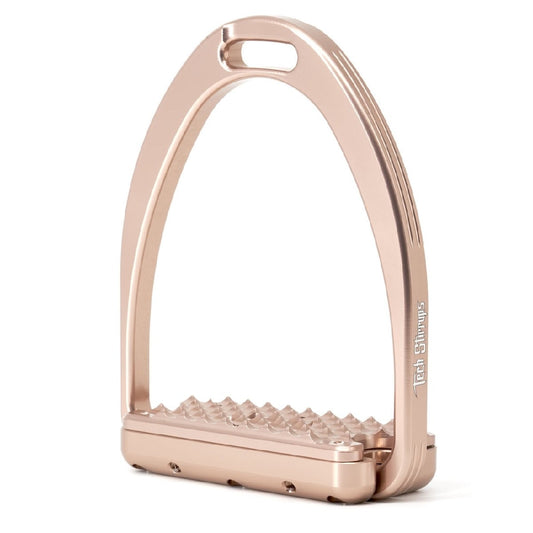 Rose gold-colored stirrup leather for equestrian sports on white background.
