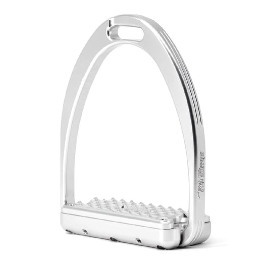 Silver-colored stirrup iron with grippy tread for horseback riding.