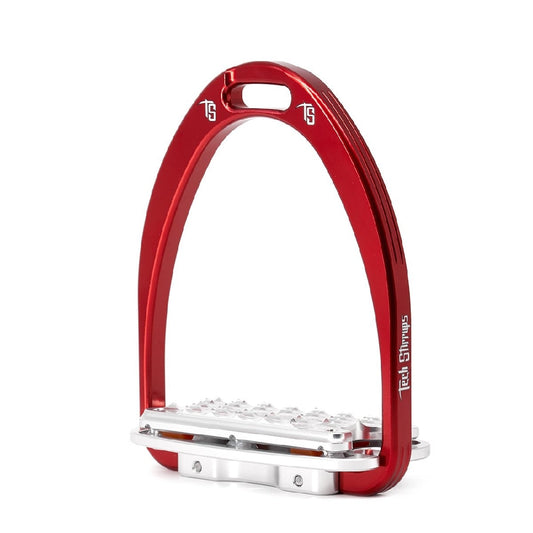 Red stirrup leather with metal footplate and non-slip tread.