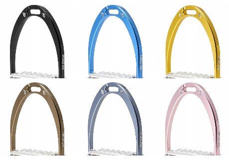 Six colorful stirrup leathers for horse riding, displayed side by side.