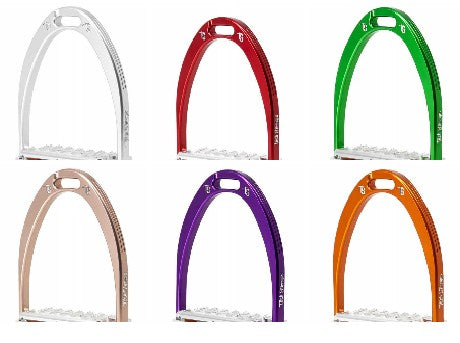 Six colorful stirrup leathers for horse riding equipment.