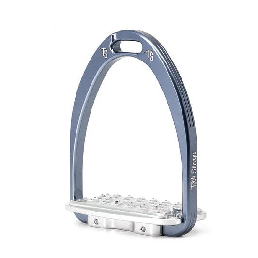 Modern blue stirrup leathers with stainless steel tread on white background.