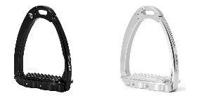 Black and silver stirrup leathers for horse riding equipment.