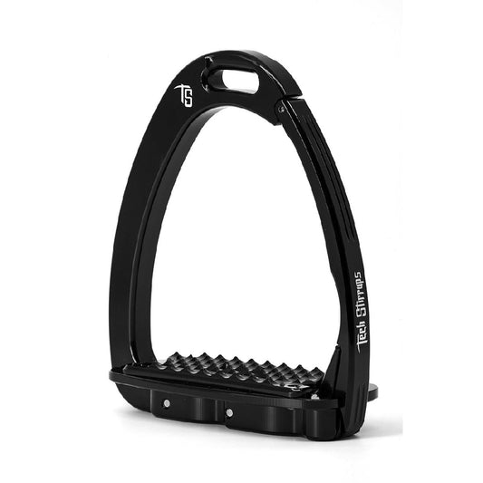 Black modern stirrup leathers with ergonomic design and textured tread.