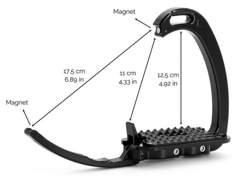 Black stirrup leathers with magnet, dimensions labeled in centimeters and inches.