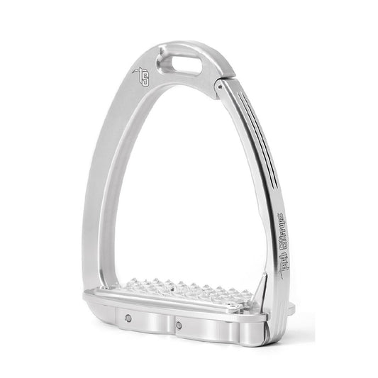 Silver-colored metal stirrup iron with grippy tread isolated on white background.