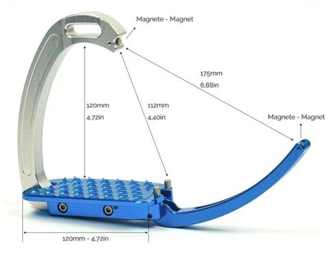 Blue stirrup leathers with magnet, dimensions labeled in millimeters and inches.