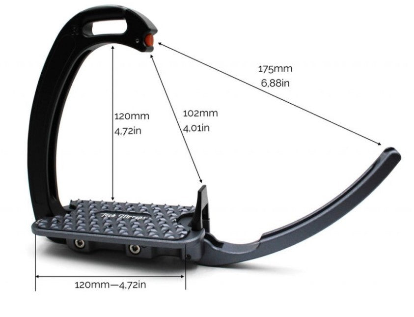 Black stirrup leathers with measurements labeled on a white background.
