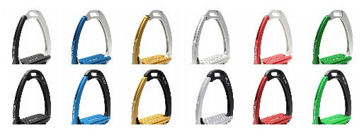 Variety of colored stirrup leathers for equestrian use displayed in a row.