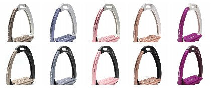 Array of stirrup leathers in various colors with metallic finish.
