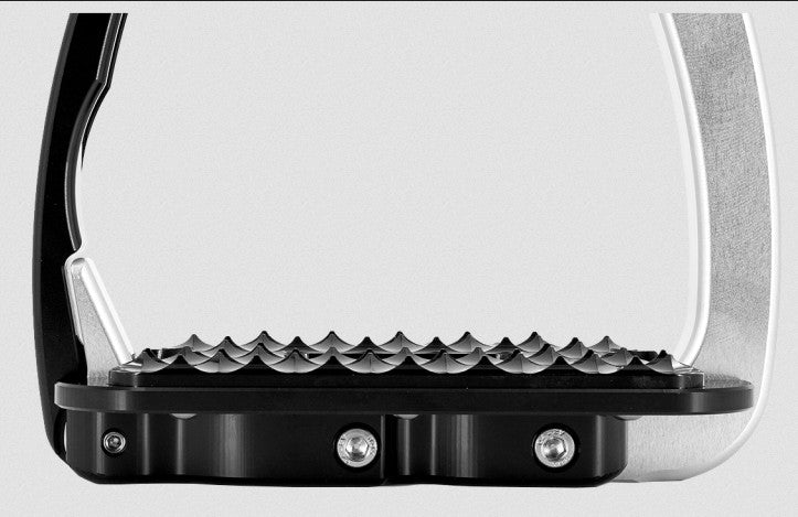 Black stirrup leathers with metal grip and sleek, modern design.
