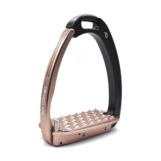 Black and rose gold stirrup leathers with textured footplate.
