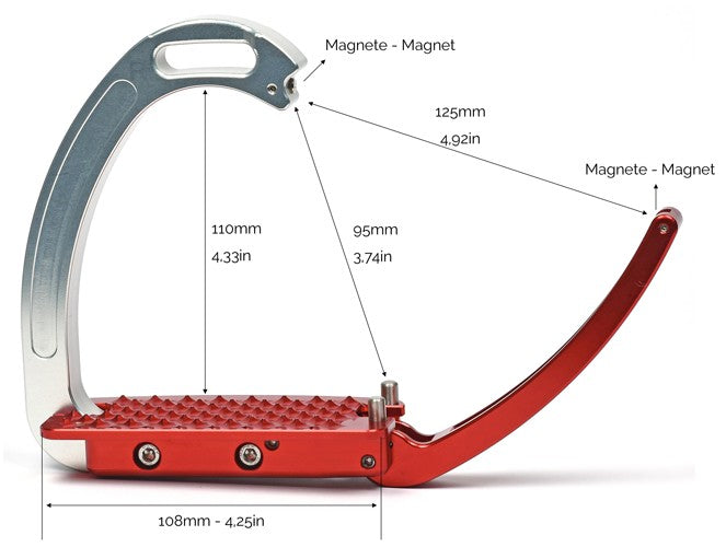 Stirrup leathers with magnetic system and dimensions labeled in millimeters and inches.