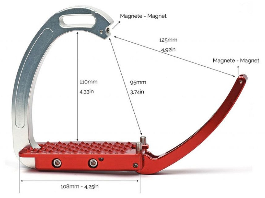 Red and silver stirrup leathers with dimensions and magnet labels.