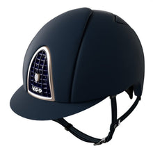 KEP brand navy blue equestrian helmet with frontal ventilation grid.