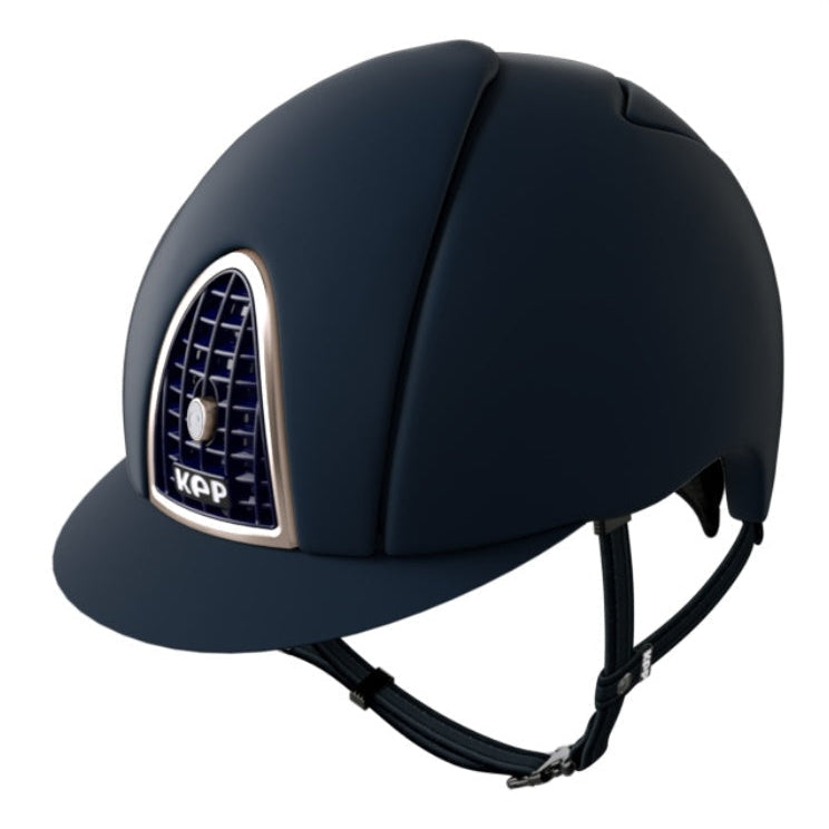 KEP brand navy blue equestrian helmet with frontal ventilation grid.