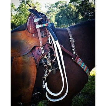 Thinline saddle with colorful tack and reins on horse outdoors.