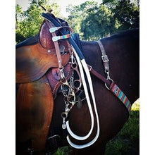 Thinline saddle with colorful tack and reins on horse outdoors.
