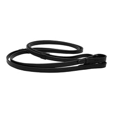 Black Thinline leather horse reins laid out on white background.