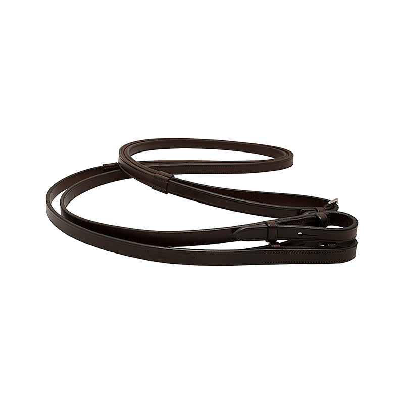 Brown leather horse reins by Thinline on white background.