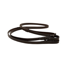 Brown leather horse reins by Thinline on white background.