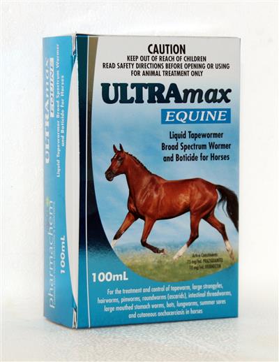 Box of Ultramax Equine liquid horse wormer and boticide, 100ml.