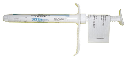 Equine deworming syringe labeled "ULTRAMAX" for horse wormer treatment.