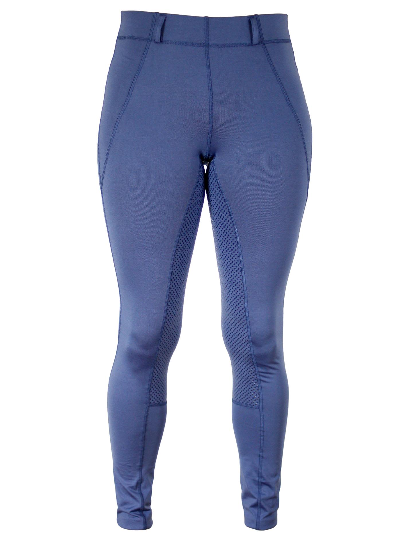 Blue horse riding tights with mesh panels, no model displayed.