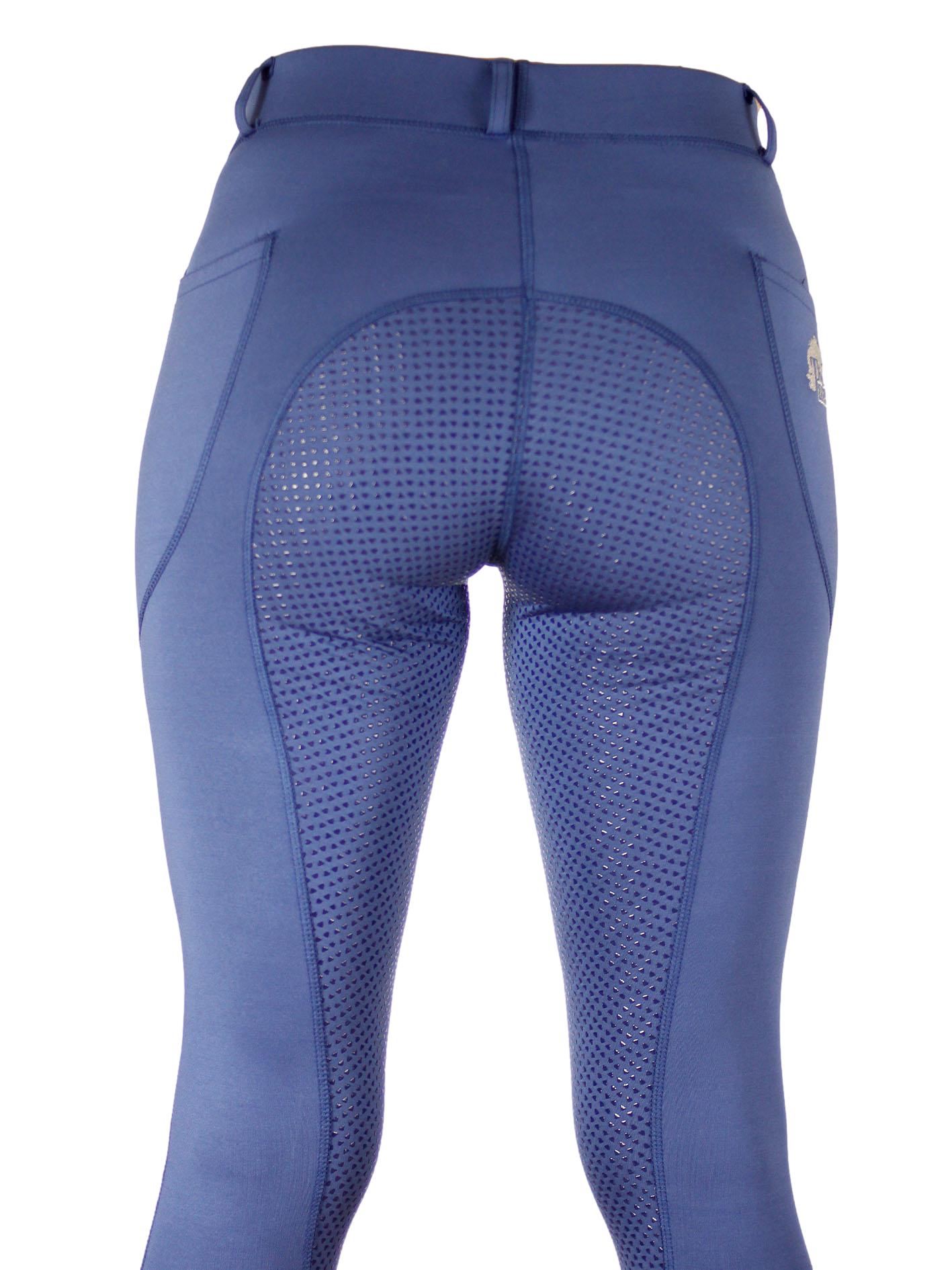 Blue horse riding tights with mesh ventilation on white background.