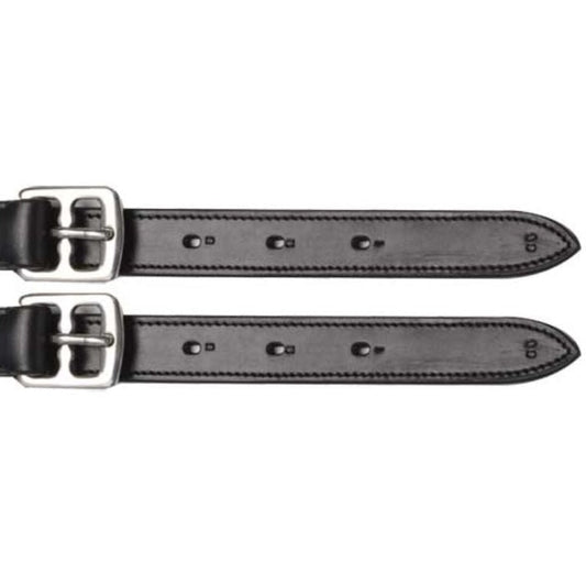 Pair of black leather stirrup leathers with stainless steel buckles.