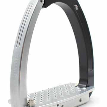 Stainless steel stirrup leathers with black grip, isolated on white.