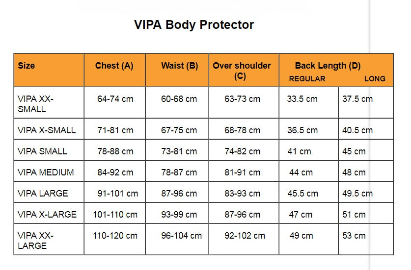 Size chart for VIPA Horse Riding Safety Vest with various measurements.