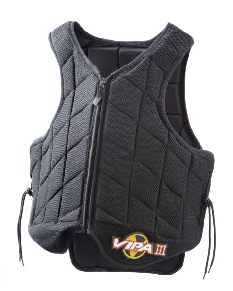 Black horse riding safety vest with zip front and side laces.