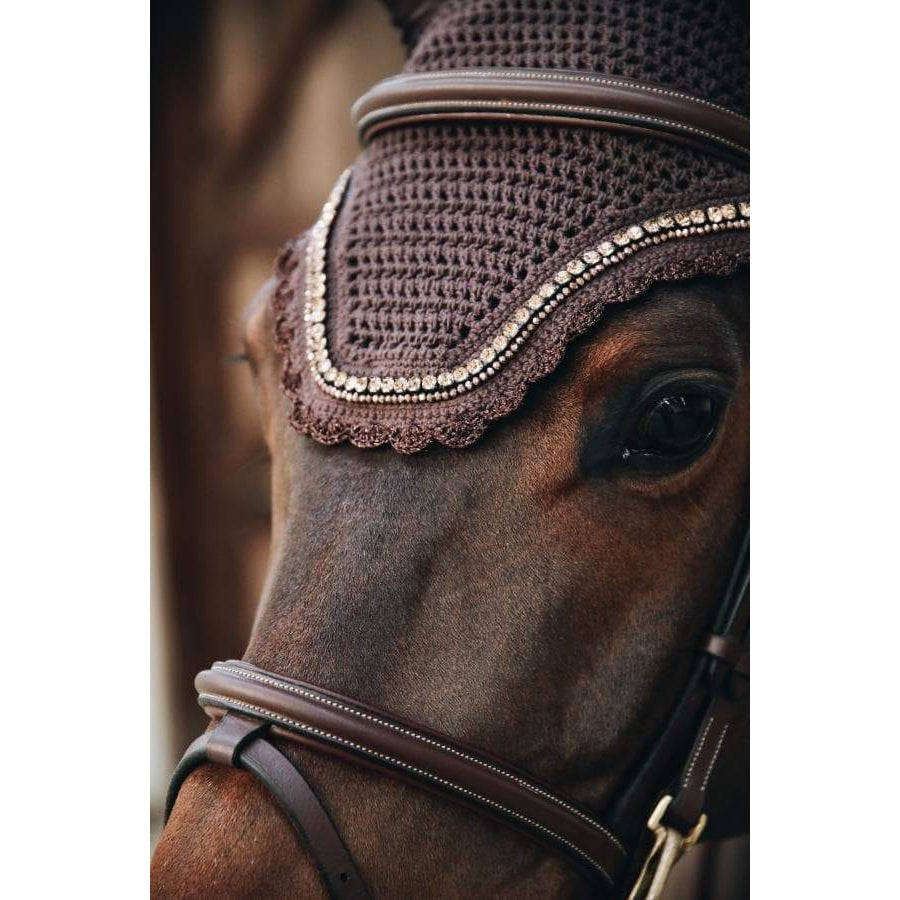 Fly veil for horses, brown with decorative edging and trim.